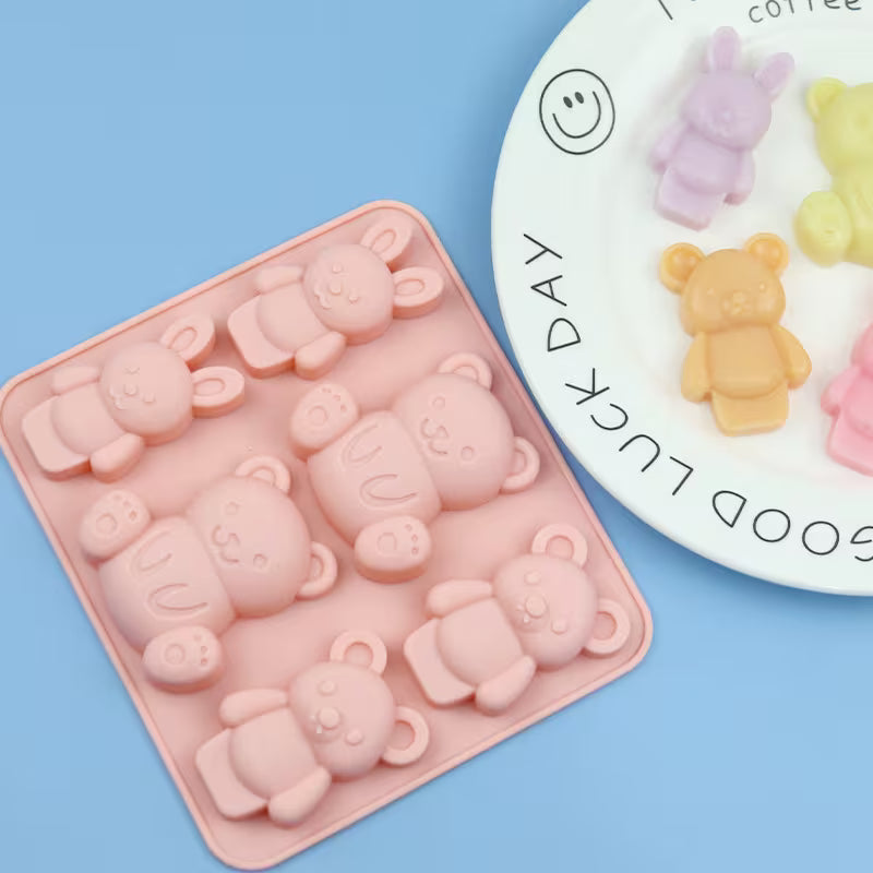 DIY Form Silikonform Seifenform Gießform 6-Mulden süße Tiere 2 Hasen und 4 Bären in hellrosa