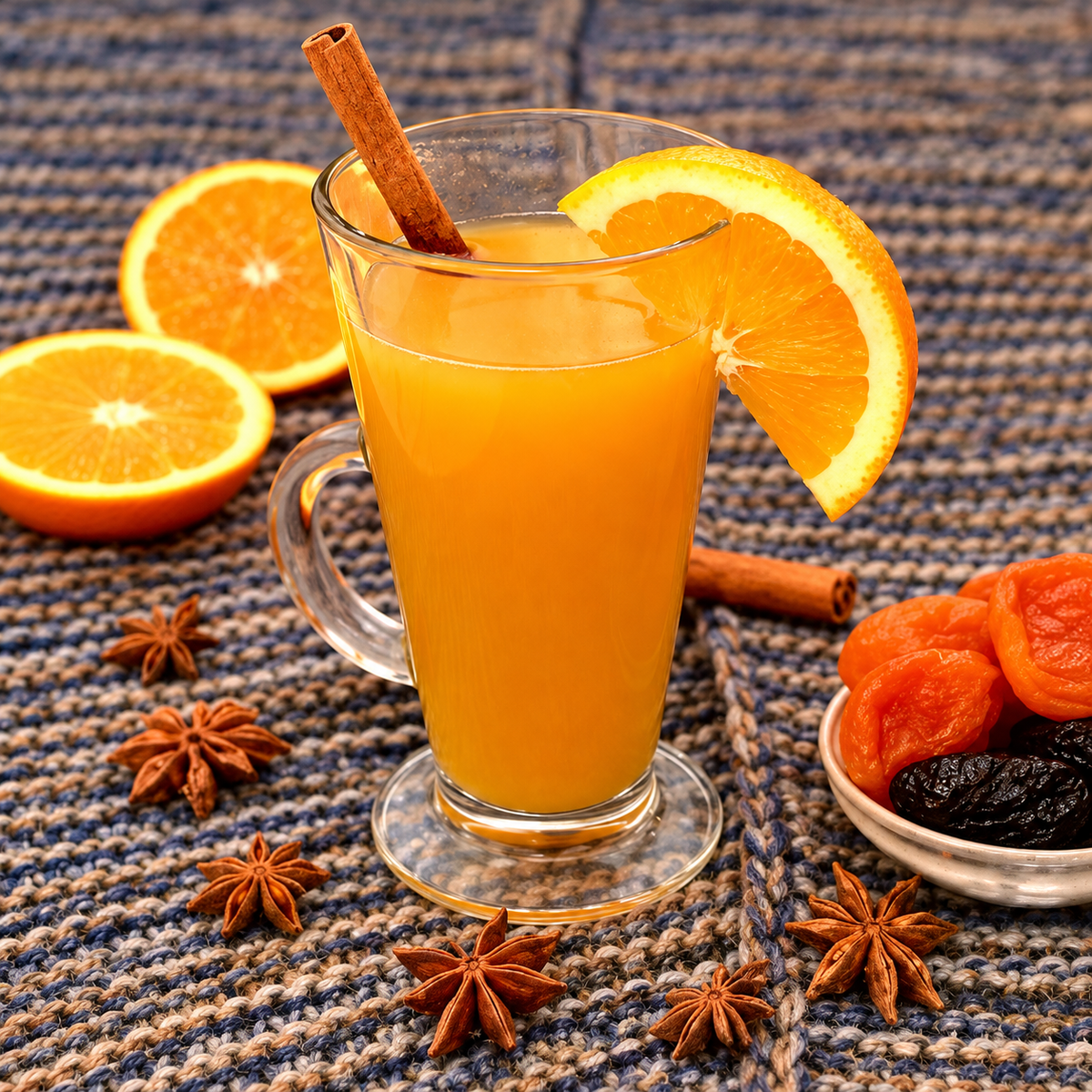 Orangefarbenes Getränk mit Orangenscheibe und Zimtstange auf einer Tischmatte – Duftmotiv.