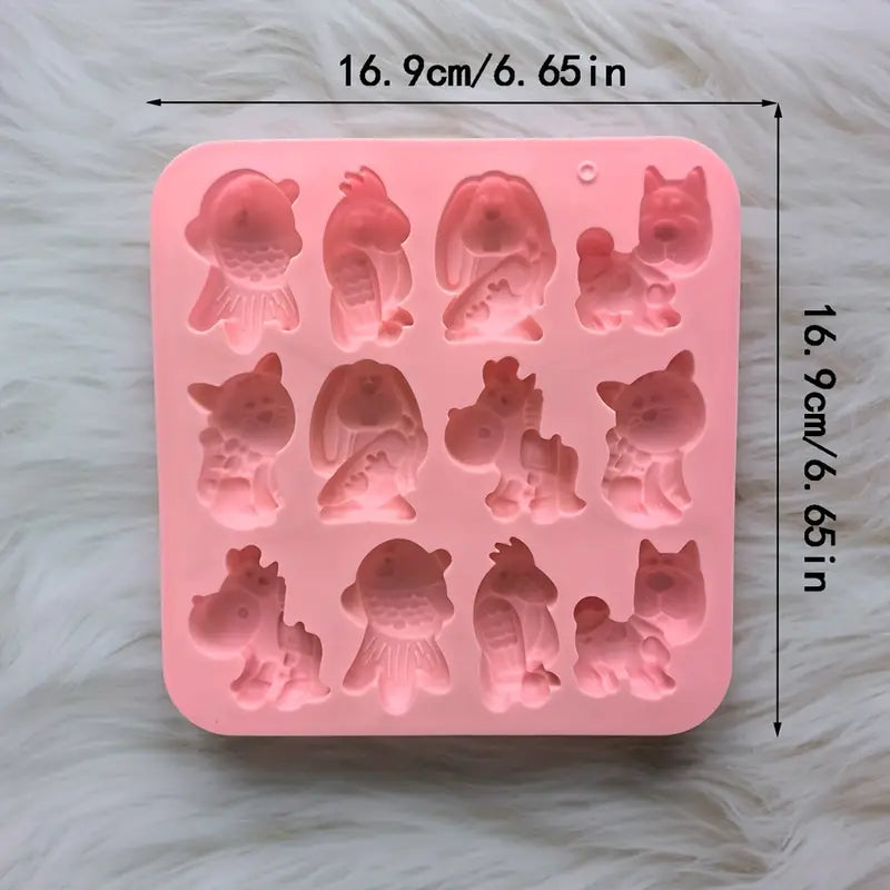 Silikon-Seifenform Cartoon-Tiere – 12 Mulden in Rosa