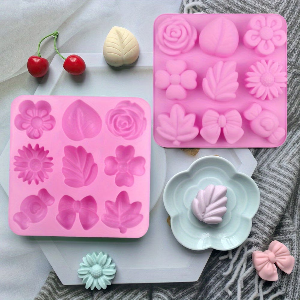 Silikonform Blumen und Blätter – 9 Mulden, Pink
