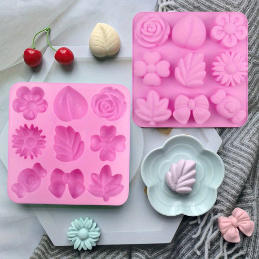 Silikonform Blumen und Blätter – 9 Mulden, Pink