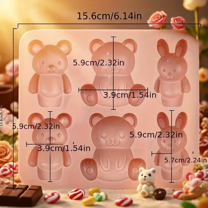 DIY Form Silikonform Seifenform Gießform 6-Mulden süße Tiere 2 Hasen und 4 Bären in hellrosa