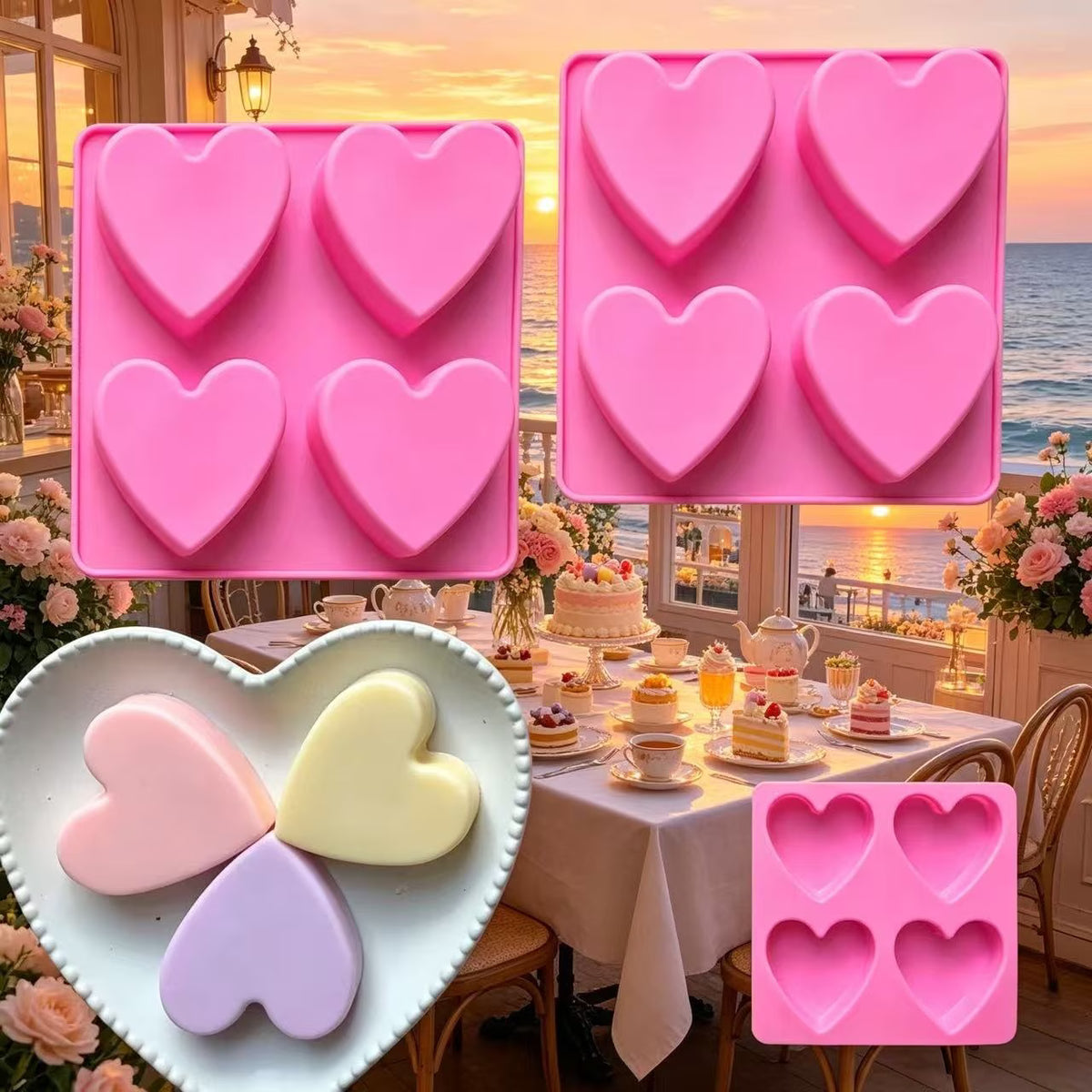 Silikon-Seifenform Herzen – 4 Mulden in Rosa