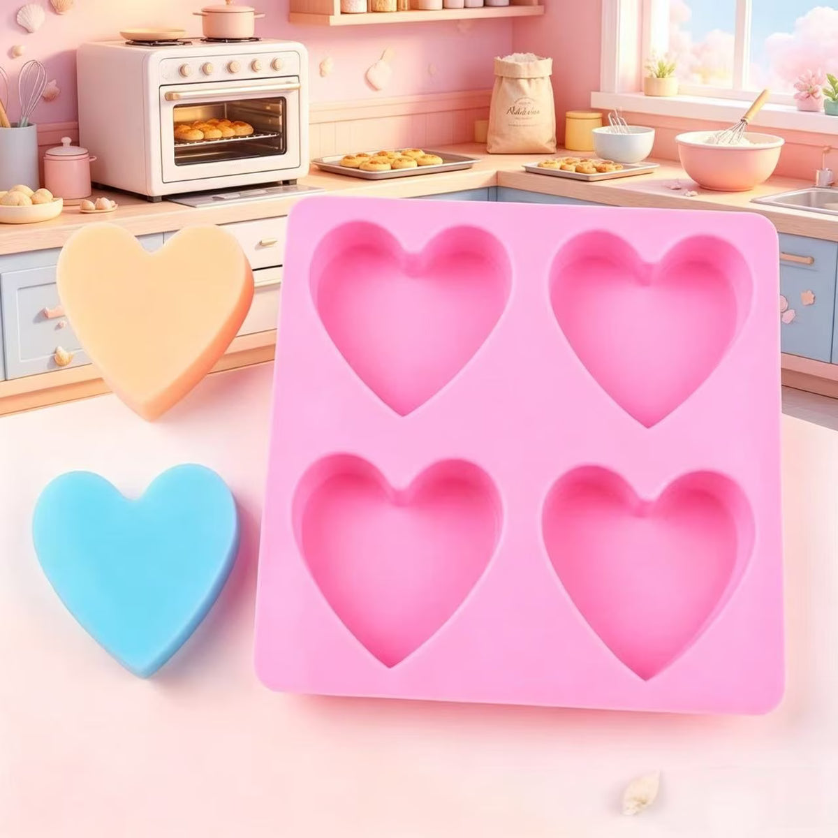 Silikonform Herzen – 4 Mulden, Rosa