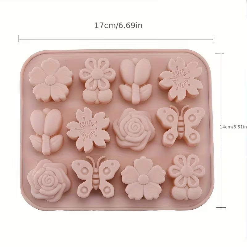 Gießform Seifenform Silikonform DIY Form 12-Hohlraum Blumenmuster mit Schmetterlingen in hellrosa