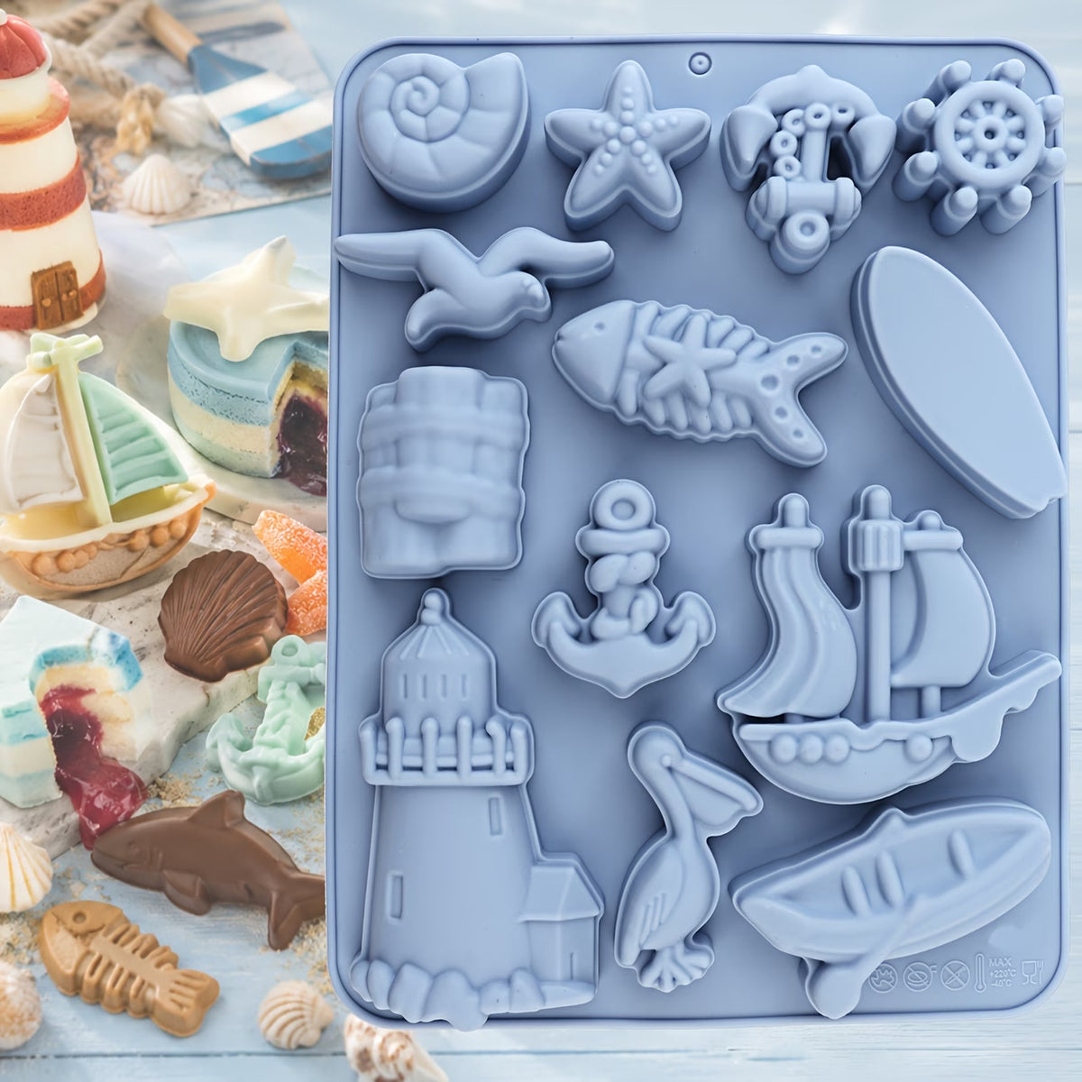 Silikonform maritime Motive – 13 Mulden, Blau