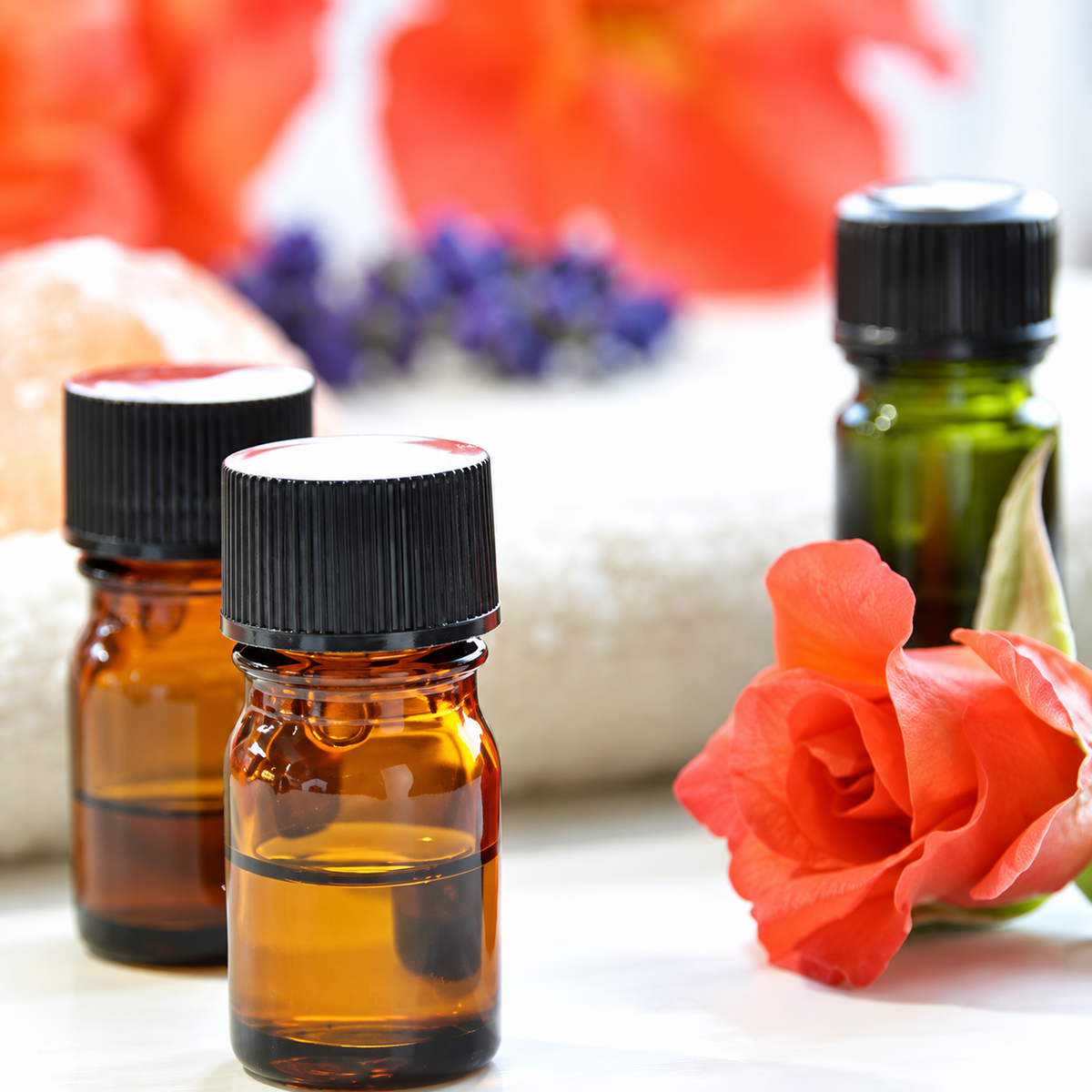 Drei unbeschriftete Glasfläschchen mit schwarzen Verschlüssen neben einer orangefarbenen Rose – illustratives Duftmotiv.