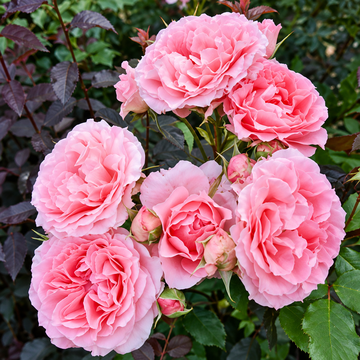 Mehrere rosafarbene Rosen an einem belaubten Rosenstrauch – Duftmotiv.