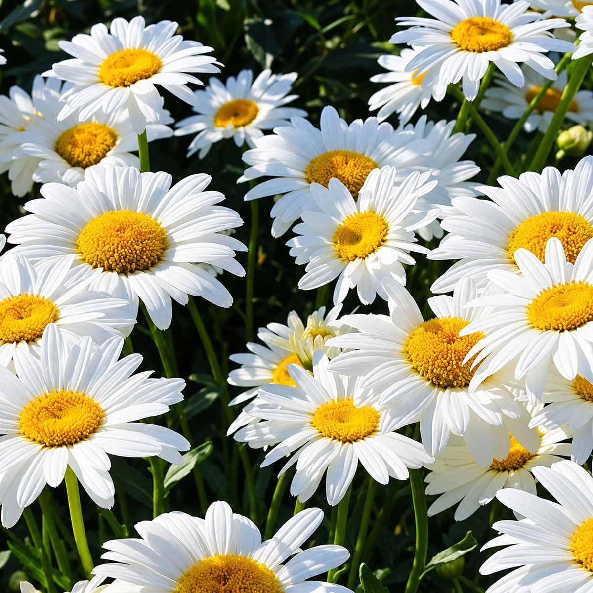 Weiße Blüten mit gelben Zentren zwischen grünen Stängeln – florales Duftmotiv.