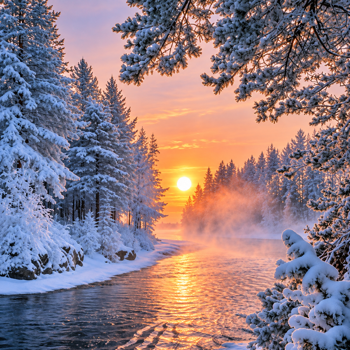 Verschneite Nadelbäume an einem Bach im warmen Licht der tief stehenden Sonne – Duftmotiv.